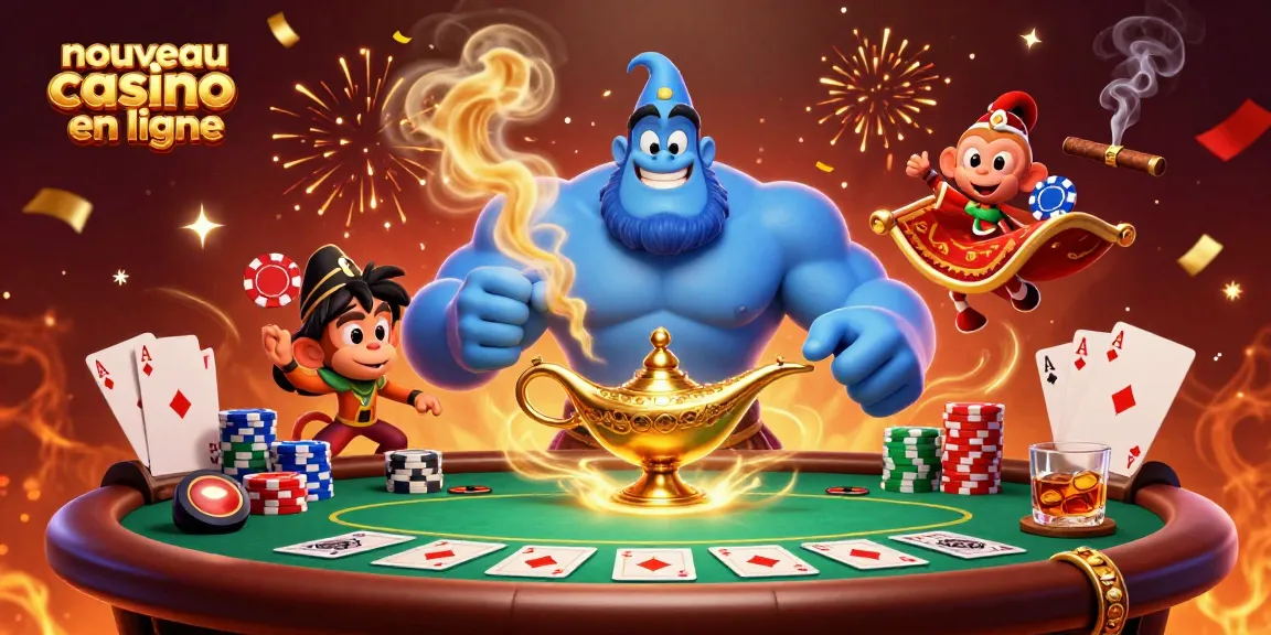 Plongez dans l'univers du nouveau casino en ligne avec un génie, des jetons de poker et un tapis volant.