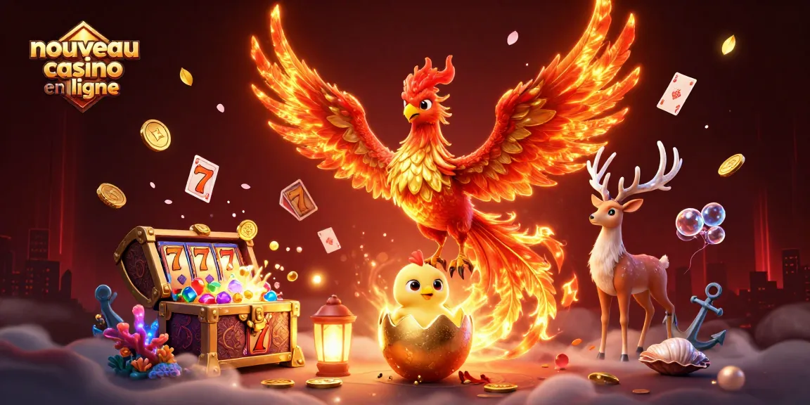 Plongez dans le nouveau casino en ligne avec un phénix flamboyant et des éléments de machine à sous.