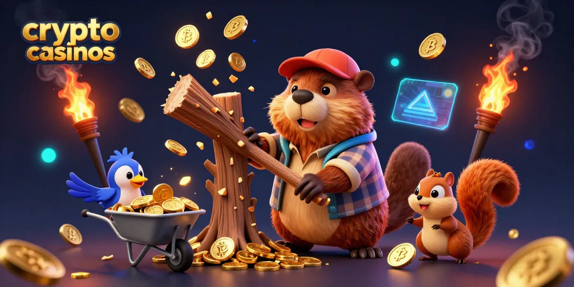 Illustration de crypto casinos avec un castor en bûcheron et des pièces d'or tombant, au milieu d'éléments blockchain.