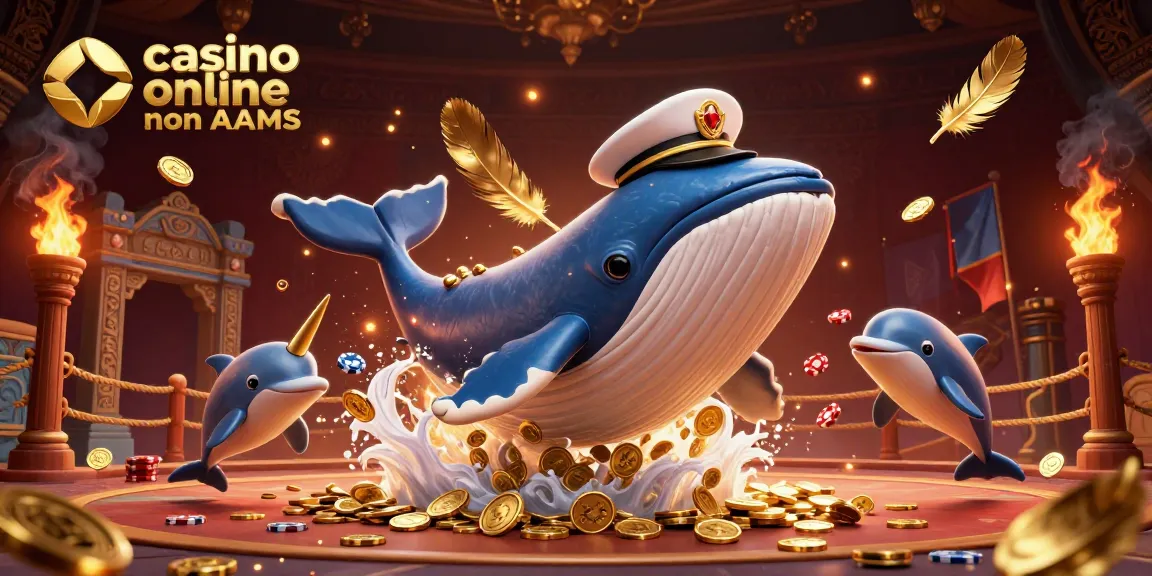 Giocatori che esplorano il mondo dei casino online non AAMS con un'enorme balena che spruzza monete e delfini che eseguono trucchi.