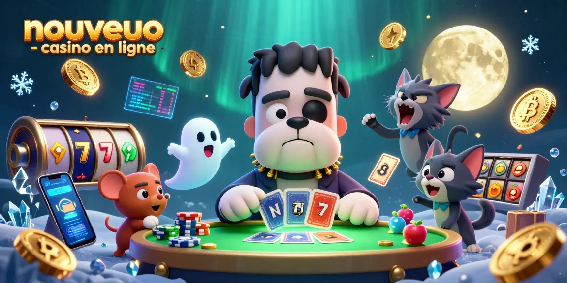 Illustration d'un nouveau casino en ligne avec des personnages de monstres jouant aux cartes et des éléments de crypto-monnaies.