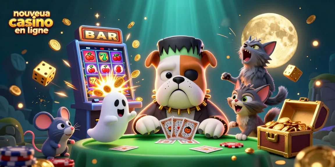 Énchantement au nouveau casino en ligne avec un bulldog Frankenstein et des symboles de jeu animés.