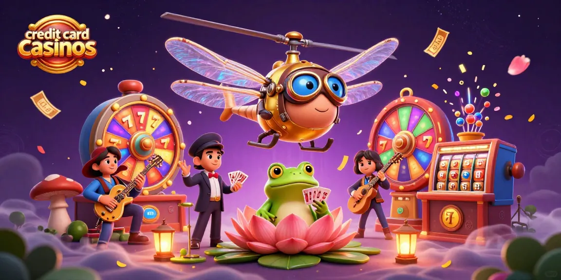 Experience excitement at credit card casinos with a dragonfly pilot, frog croupier, and jazz musicians.