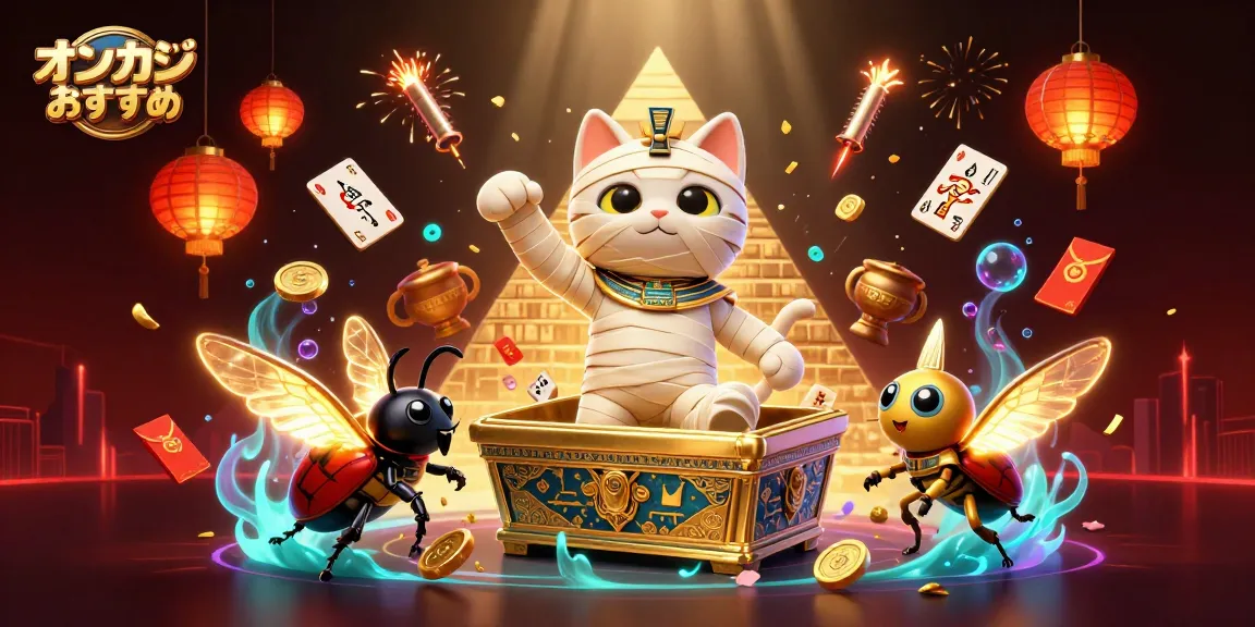 オンカジおすすめのためにピラミッドカジノで冒険するミイラ猫のイラスト