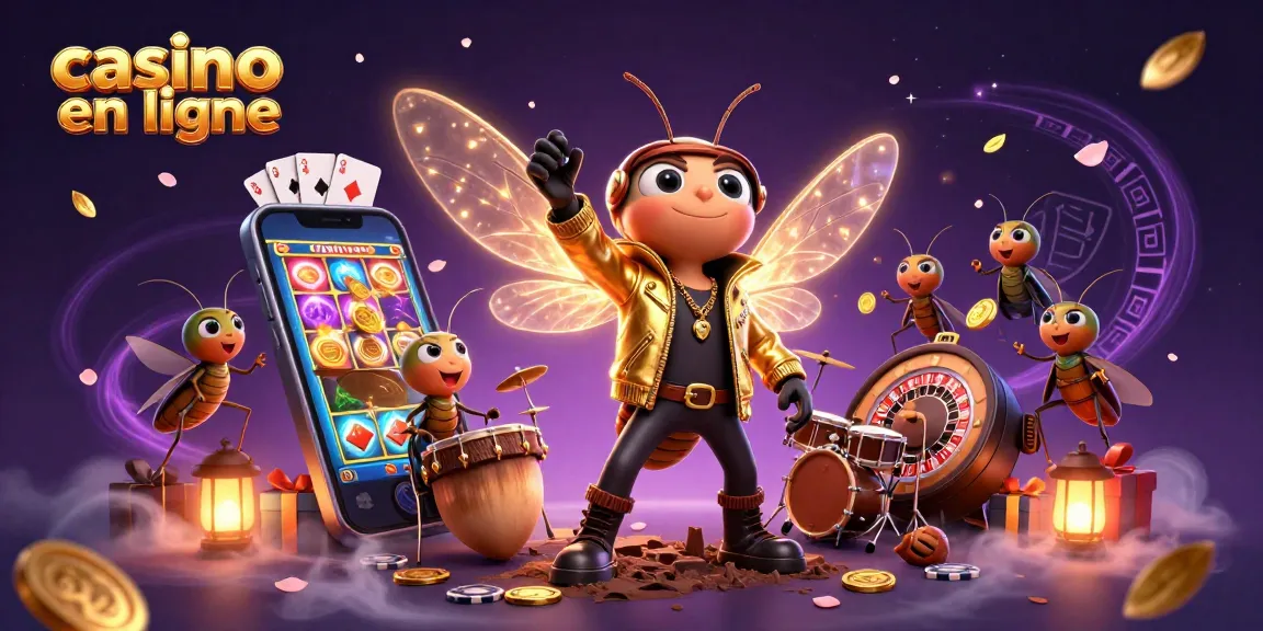 Jouez à une expérience immersive avec casino en ligne, mettant en vedette une rock star cigale et des éléments de jeu scintillants.