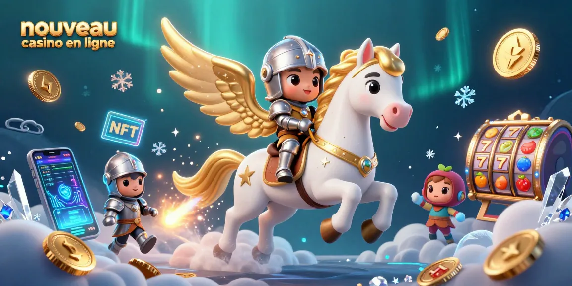 Jouez au nouveau casino en ligne avec une illustration dynamique de cheval, chevalier, et éléments de jeu.