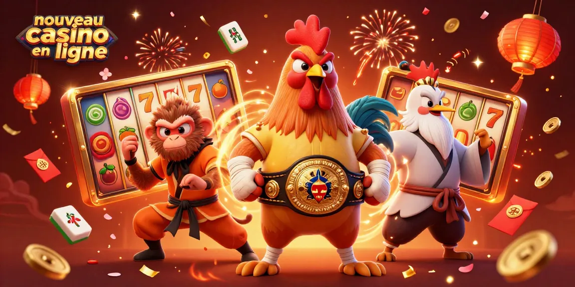 Illustration festive du nouveau casino en ligne, avec des personnages de jeux flottants.