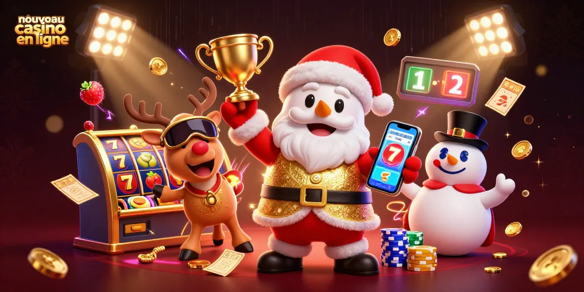 Illustration dynamique d'un nouveau casino en ligne avec Santa, rennes et bonhomme de neige.