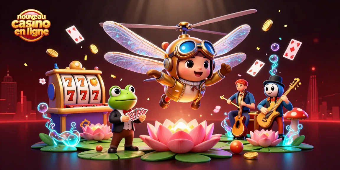 Illustration dynamique de nouveau casino en ligne avec un pilote d'hélicoptère libellule et un croupier grenouille.
