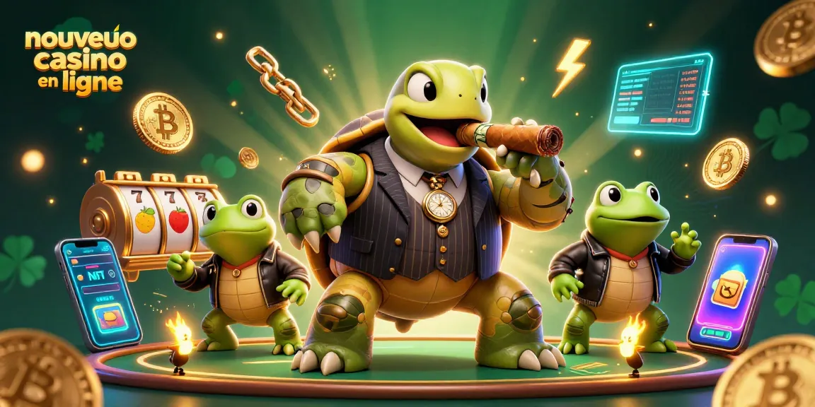 Illustration d'un nouveau casino en ligne avec une tortue massive en costume de mafieux, entourée de grenouilles en blouson.