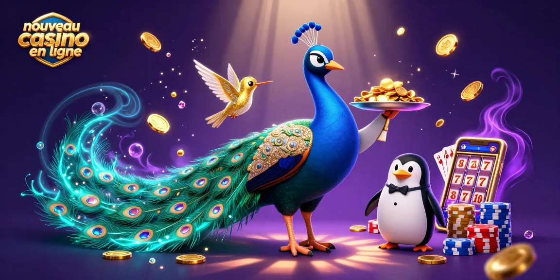Jouez dans le nouveau casino en ligne avec un paon, un pingouin et un colibri sous un ciel scintillant.