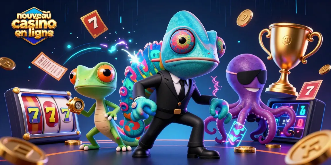 Gagnez avec le nouveau casino en ligne, une illustration de personnages de jeux et éléments de casino.