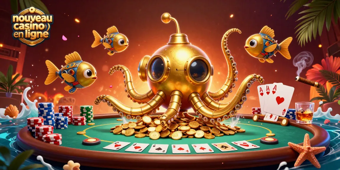 Découvrez un nouveau casino en ligne avec un kraken en or à travers une mer de pièces d'or.