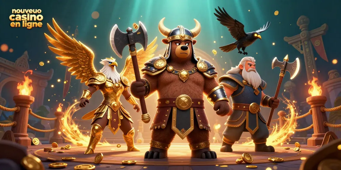 Visuel dynamique pour le nouveau casino en ligne, avec un ours Viking et un aigle Valkyrie entourés d'éléments de jeu captivants.