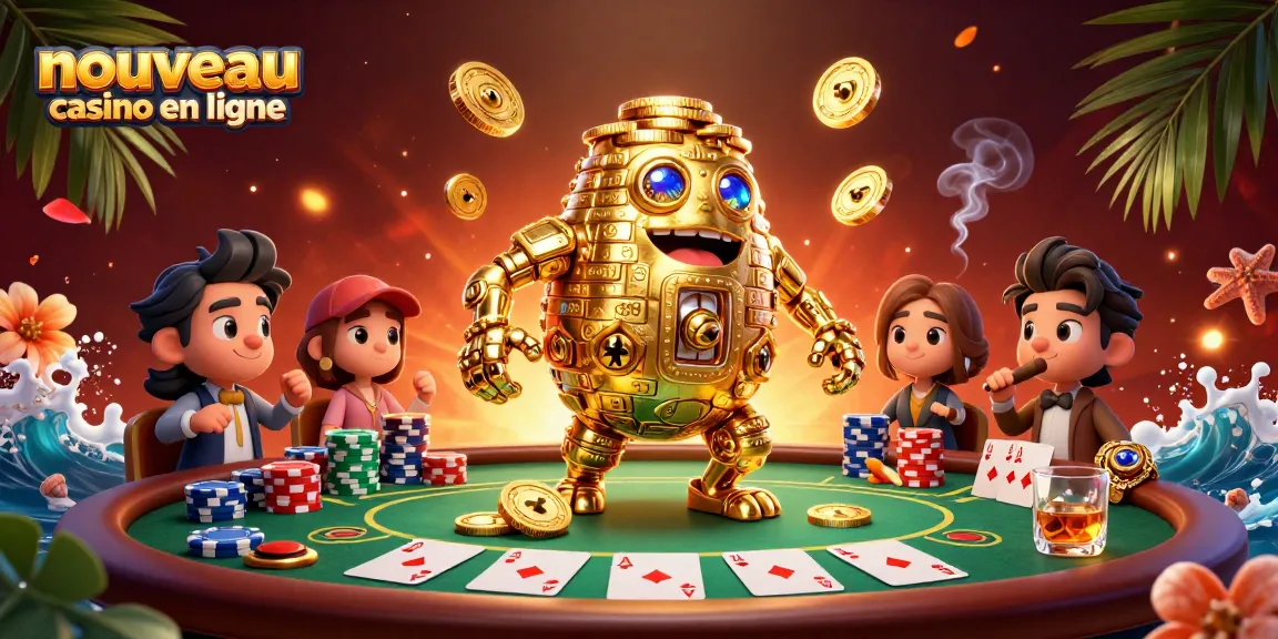Profitez d'un aperçu coloré du nouveau casino en ligne avec un golem doré et des jeux de cartes.