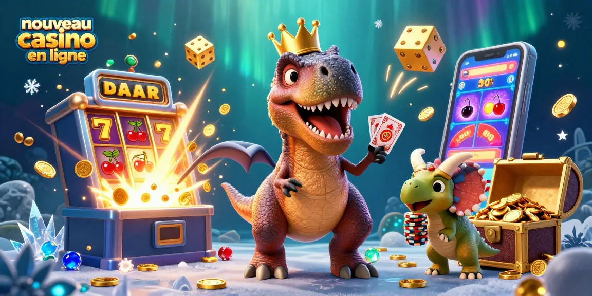 Plongez dans l'univers du nouveau casino en ligne avec des personnages animés entourés de machines à sous brillantes.