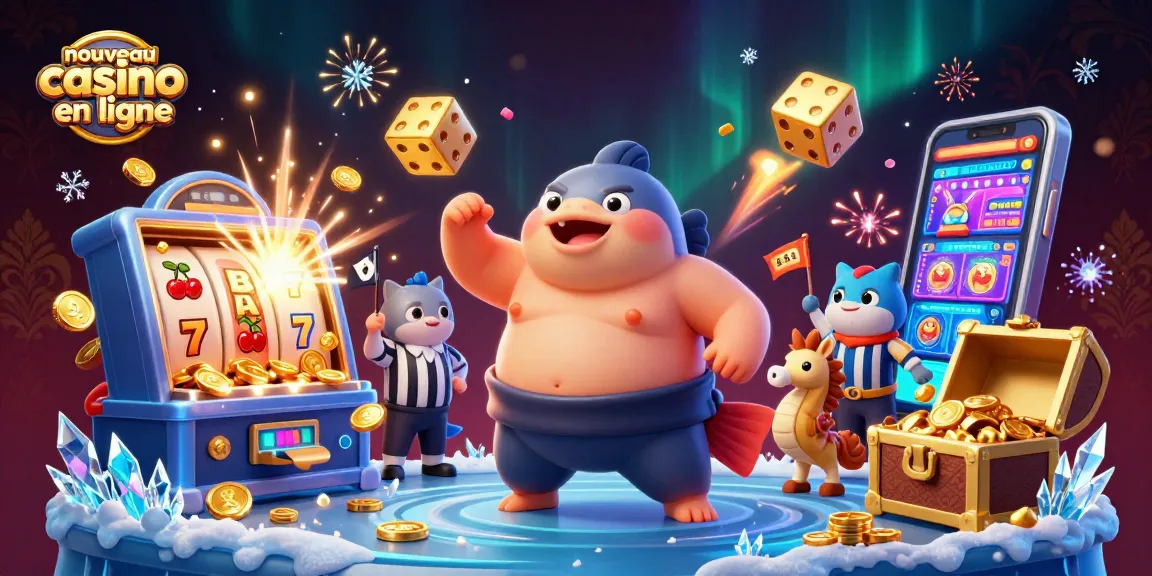 Venez découvrir le nouveau casino en ligne avec une illustration colorée de jeux de chance et une ambiance festive.