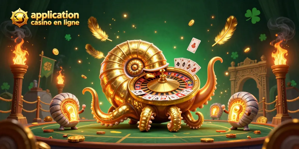Illustration d'une application casino en ligne avec un nautilus géant et des cartes de jeu dans un décor dynamique.