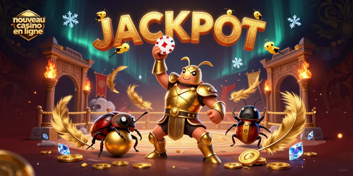 Une composition dynamique de héros dans un nouveau casino en ligne, avec un scarabée portant des jetons et des éclats de lumière.