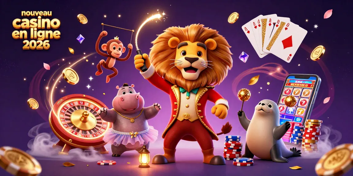 Illustration captivante du nouveau casino en ligne 2026 avec un lion, un hippopotame, un singe et un phoque, animés par l'excitation des jeux.