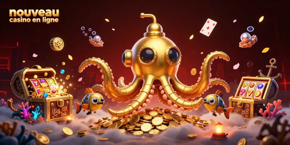 Un nouveau casino en ligne vibrant avec un kraken en 3D émergeant d'une mer de pièces d'or.