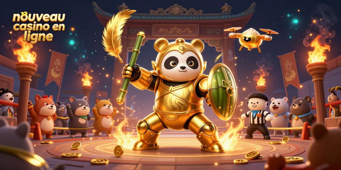Le nouveau casino en ligne propose une illustration d'un panda doré en pilote d'un robot de combat, entouré de pièces d'or.