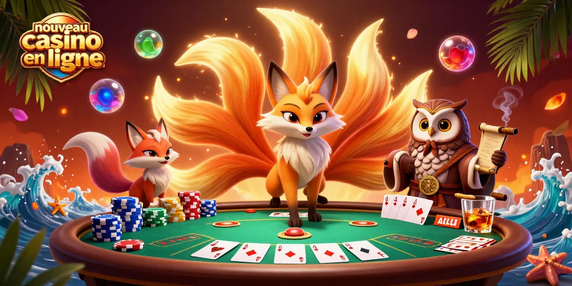 Plongez dans l'univers du nouveau casino en ligne avec un renard à neuf queues et une chouette sage jouant au poker.