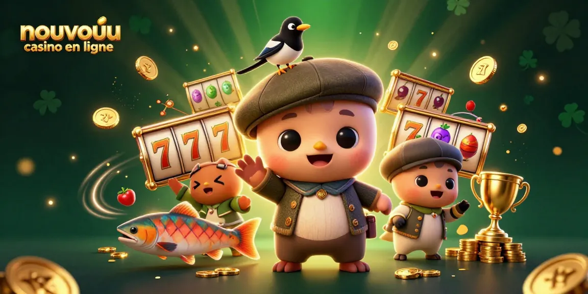 Illustration dynamique de nouveau casino en ligne, avec un bébé Nessie et des éléments de jeu.
