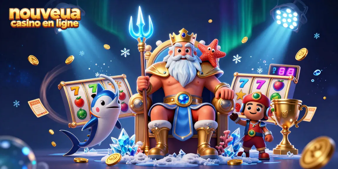 Profitez du nouveau casino en ligne avec une scène captivante de Neptune entouré d'éléments de jeu dynamiques.