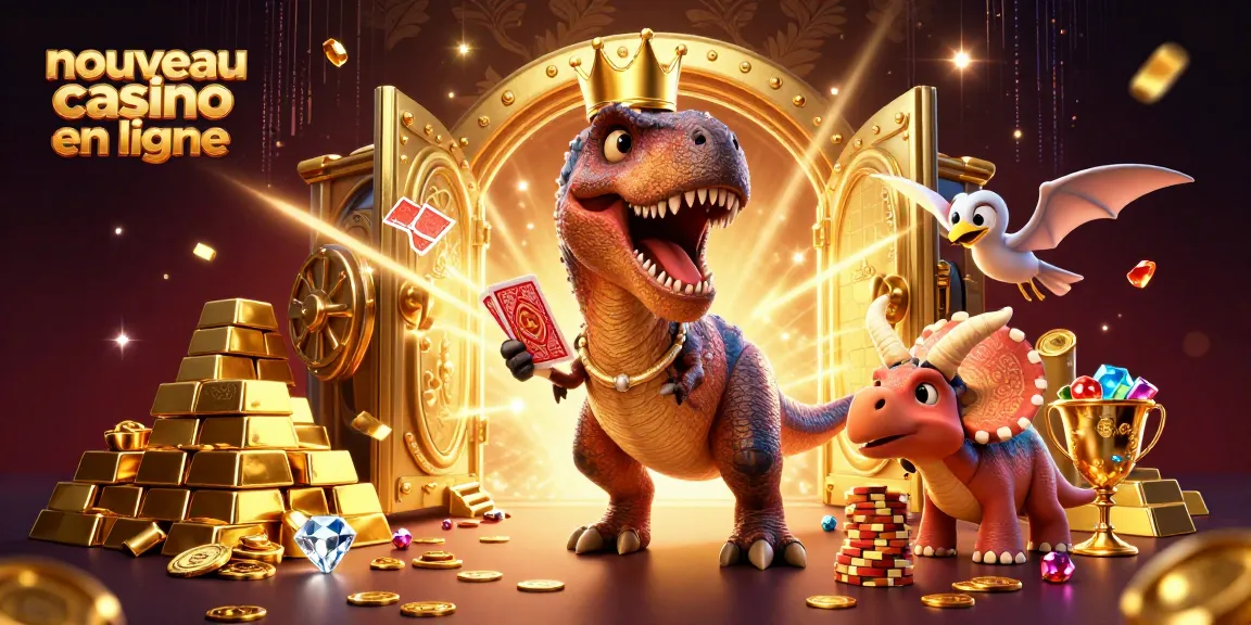 Un nouveau casino en ligne dynamiquement animé avec un T-Rex jouant aux cartes et un Tricératops empilant des jetons d'or.