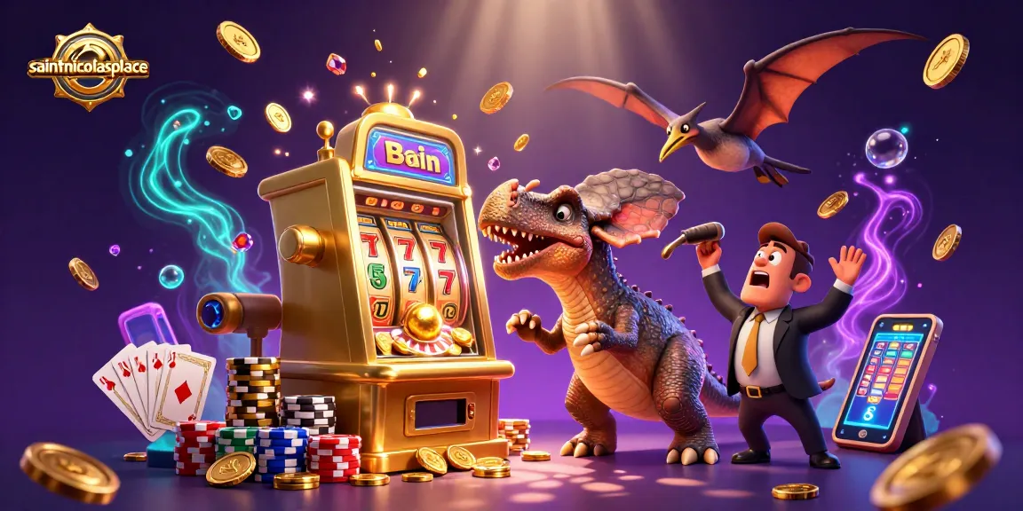 Saintnicolasplace showcases a vibrant 3D casino scene with a pachycephalosaurus winning jackpot coins.