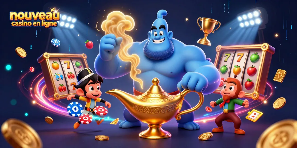 Découvrez le nouveau casino en ligne avec une illustration 3D dynamique de personnages de casino et d'éléments de jeu.