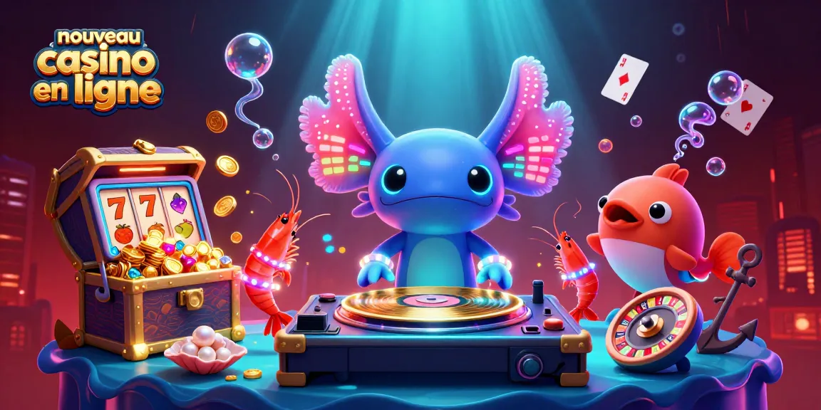 Image d'un nouveau casino en ligne mettant en avant un DJ axolotl avec des éléments de machines à sous et de roulette.
