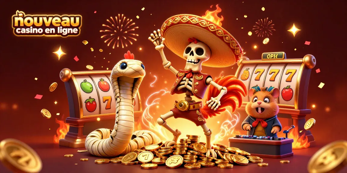 Illustration vibrante pour le nouveau casino en ligne avec une danse festive de personnages cartoon sur des machines à sous.