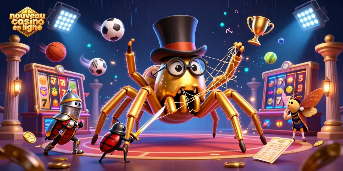 Illustration d'un nouveau casino en ligne avec une araignée dorée et un chevalier scarabée, montrant l'excitation des jeux